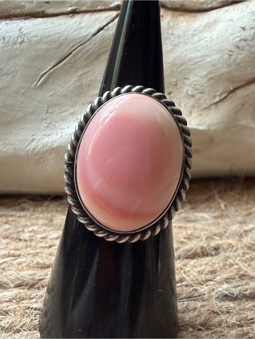 Pink Conch Oval Stone Ring with Twisted Sterling Silver Band